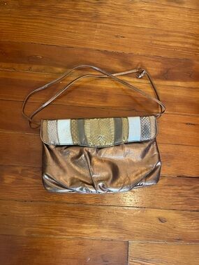 Vintage Metallic Bronze Shoulder or Crossbody Bag with Snake-Print Trim